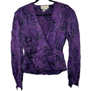 VTG 90s Carlisle Size 2 XS Purple Paisley Blouse 100% Silk V-Neck Whimsigoth